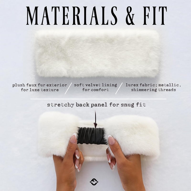 Funky Junque Fuzzy Headbands for Women – Fluffy Faux Fur Ear Warmer Head band, Warm Winter Furry Ear Muff Head Wrap Cozy Fit - Glitter - Ivory - Image 3
